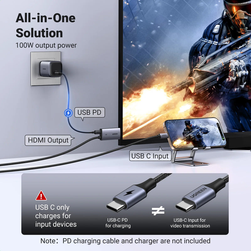 UGREEN USB C to HDMI Cable with 100W PD Fast Charging Adapter 4K@60Hz 2-in-1 Thunderbolt Unidirectional Type C to HDMI 2m Cable