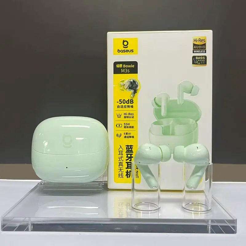 កាសស្តាប់ត្រចៀកប៊្លូធូស BASEUS M3S កាត់បន្ថយសំឡេងរំខានជ្រៅឥតខ្សែក្នុងត្រចៀក គុណភាពខ្ពស់ កាសស្តាប់តន្ត្រីកីឡា ស្លាកមាស ទទួលស្គាល់