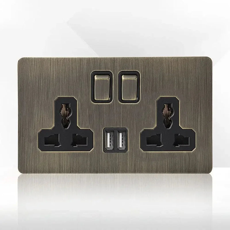 Retro EU FR Metal Panel Wall Toggle Light Switch Socket plug,Bronzed Antique Stainless Steel German 16A Socket with USB Charging