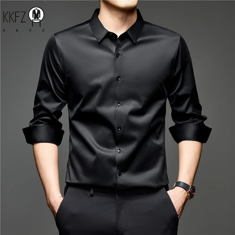 Mens Lightweight Button Up Dress Shirt Lapel Collar Long Sleeve Glossy Texture Top For Daily Business Occasions