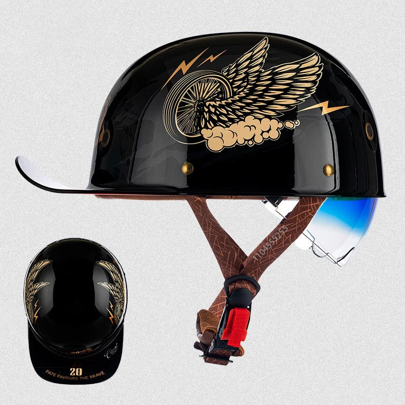 មួកសុវត្ថិភាពម៉ូតូ Street Retro Baseball Cap Moto Helmet ជាមួយកញ្ចក់ពណ៌ខៀវ មួកសុវត្ថិភាពពាក់កណ្តាលបុរសស្ត្រី Capacete De Moto ECE DOT អនុម័ត
