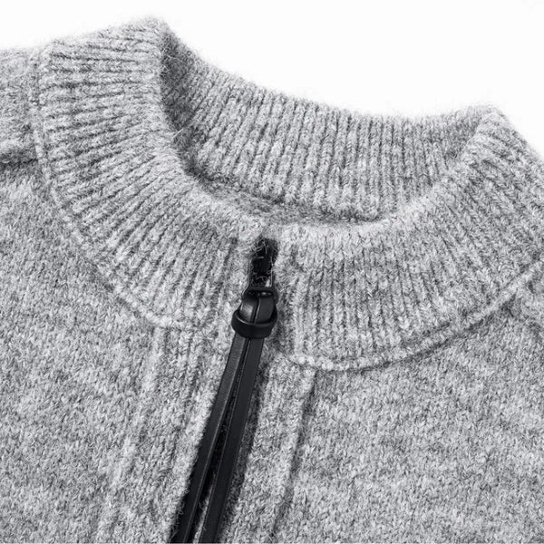 Men's High Neck Thick Knit Sweater, Zipper Detail Fleece Jacket, Winter Warm Soft Pullover, Casual Streetwear Top, Gray Black