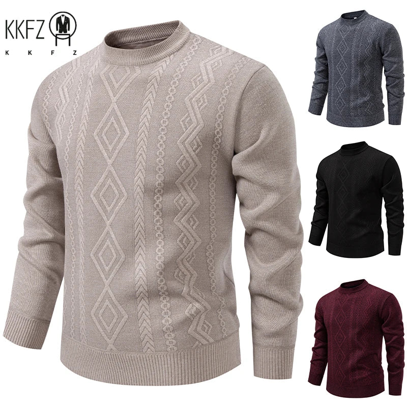 Wind Resistant Men Knitted Sweater Stretch Rib Hem Vertical Twist Jacquard Fleece Lined Office Daily Long Sleeve Top