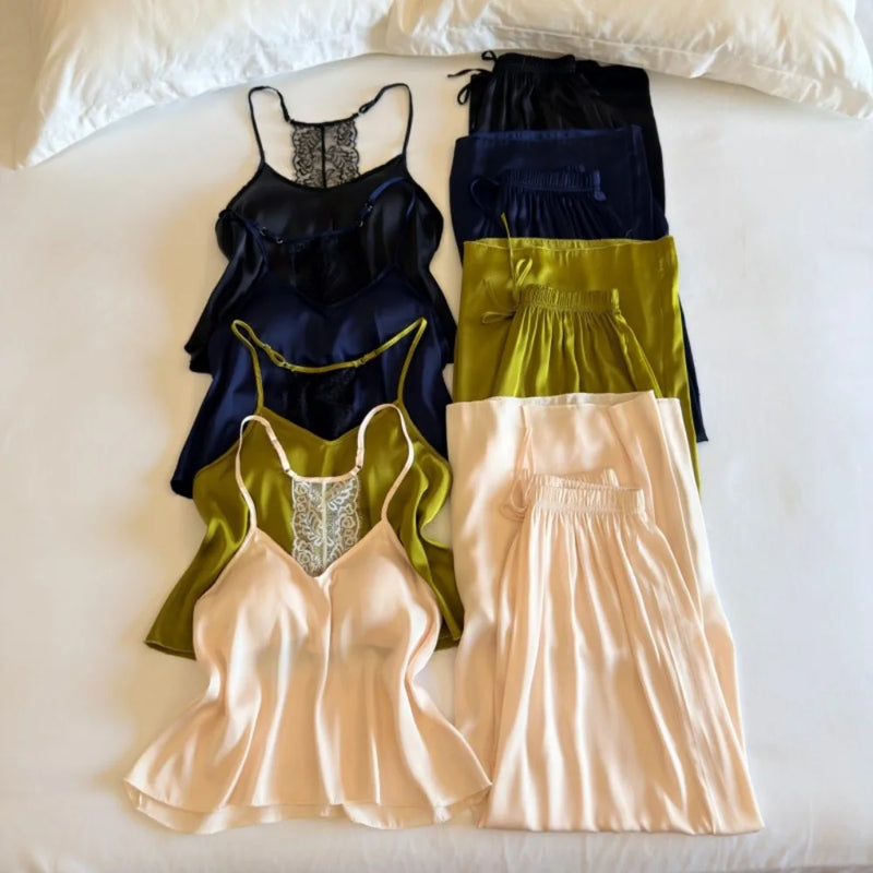 Women's Summer Suit 2 Piece Set Pajama Night Wear for Ladies Female Clothing New Solid Color Sleeveless Pyjama Set Woman Nighty