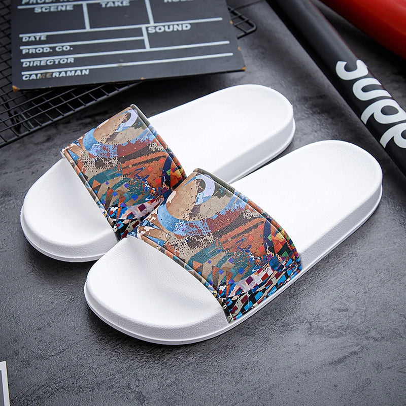 Couples Casual Oil Painting Wind Slippers Summer Soft-Sole Non-Slip Outdoor Beach Shoes Fashion Men and Women's Walking Sandals