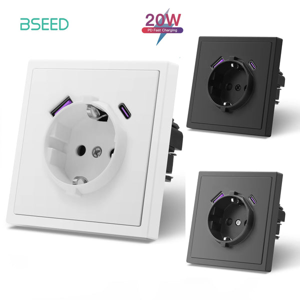 BSEED EU Standard Single Wall Socket 20W Fast Charge USB Type-C Charge Port Double Wall Power Outlets Plastic Frame 16A