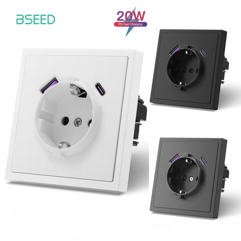 BSEED EU Standard Single Wall Socket 20W Fast Charge USB Type-C Charge Port Double Wall Power Outlets Plastic Frame 16A