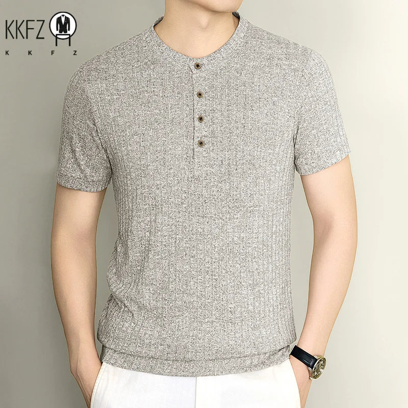 Daily Street Style Mens Speckle Textured Henley T Shirt Soft Knit Material Pub Visit Casual Dating And Short Trip Garment