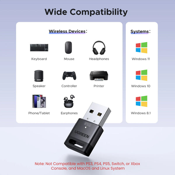 UGREEN USB Bluetooth Adapter, Bluetooth 6.0 Dongle for PC Windows 11/10/8.1, Bluetooth Receiver & Transmitter for Keyboard/Mouse