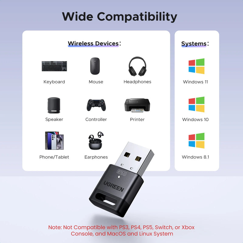 UGREEN USB Bluetooth Adapter, Bluetooth 6.0 Dongle for PC Windows 11/10/8.1, Bluetooth Receiver & Transmitter for Keyboard/Mouse