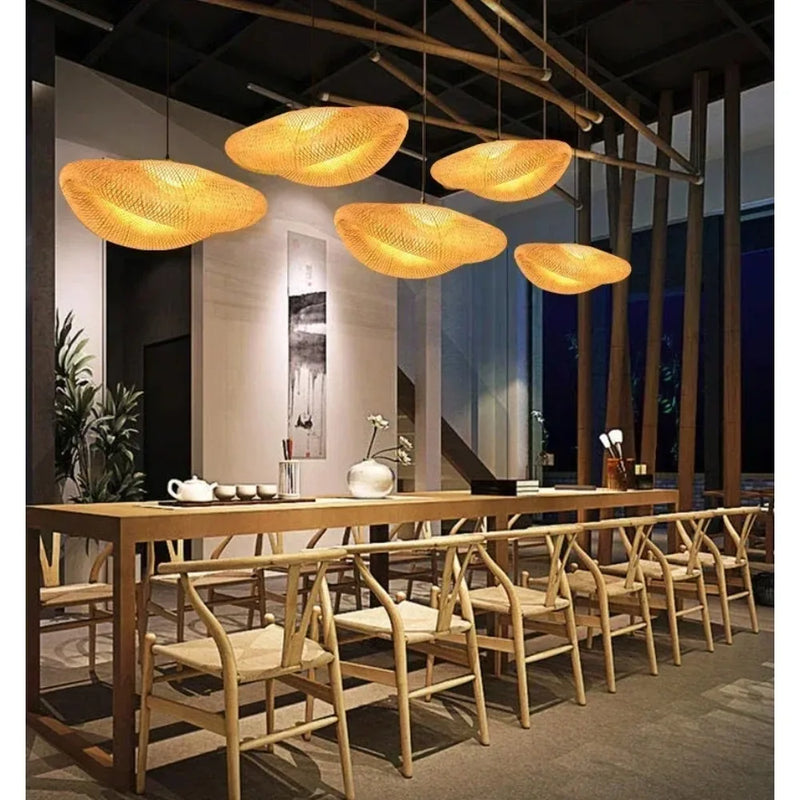 Japanese Style Pendant Light, Handmade Rattan Chandelier, Natural Woven Bamboo Wooden Lamp for Restaurant Cafe Home Decoration
