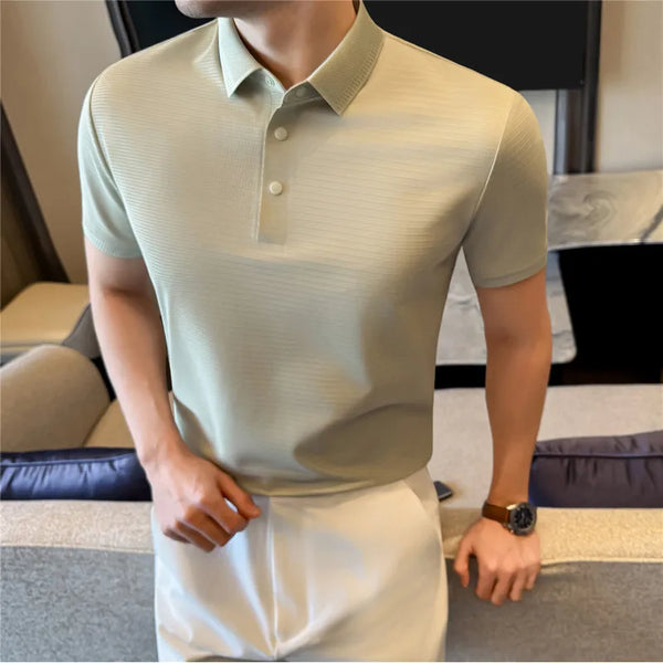 Men Summer Short Sleeve Striped Polo Shirt Slim Fit Elastic Solid Color Business Casual T-Shirt