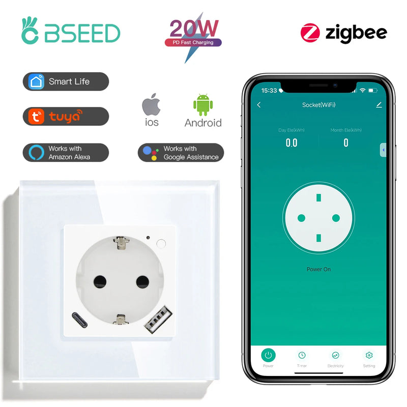 BSEED Zigbee Smart Socket 20W Fast Charge USB Type-C Phone Charge Port Glass Panel Tuya Google Home Alexa Control