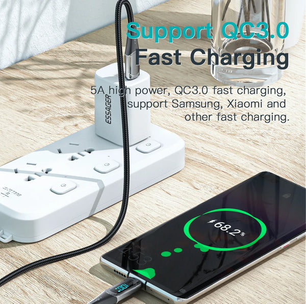 ខ្សែសាក Essager USB Type C ទៅ USB C 100W/5A PD សាកលឿនសម្រាប់ Macbook Xiaomi Samsung Type-C USBC Cable 2M