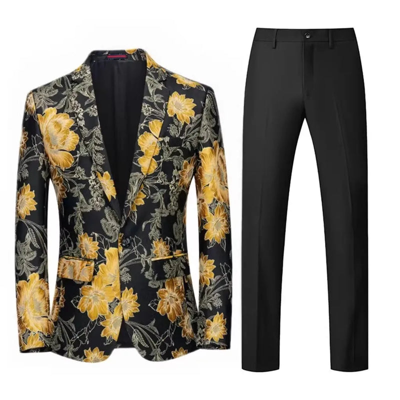2026 Men's Two-Piece Set, Wedding Party Jacket and Trousers in Black with Red Flowers Jacquard Fabric Slim Fit Men Coat & Pants.