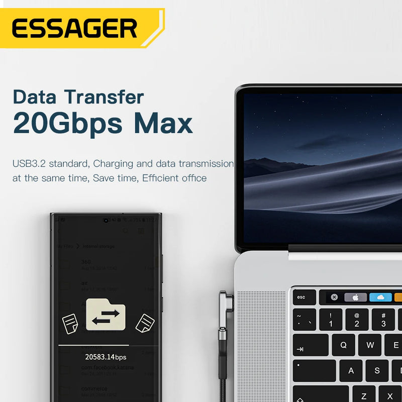 អាដាប់ទ័រ Essager PD 100W ម៉ាញេទិក USB C OTG សាកថ្មលឿន ឧបករណ៍ភ្ជាប់ម៉ាញេទិកប្រភេទ C 20Gbp ធ្វើសមកាលកម្មទិន្នន័យ 4K@60Hz សម្រាប់កុំព្យូទ័រយួរដៃ Macbook