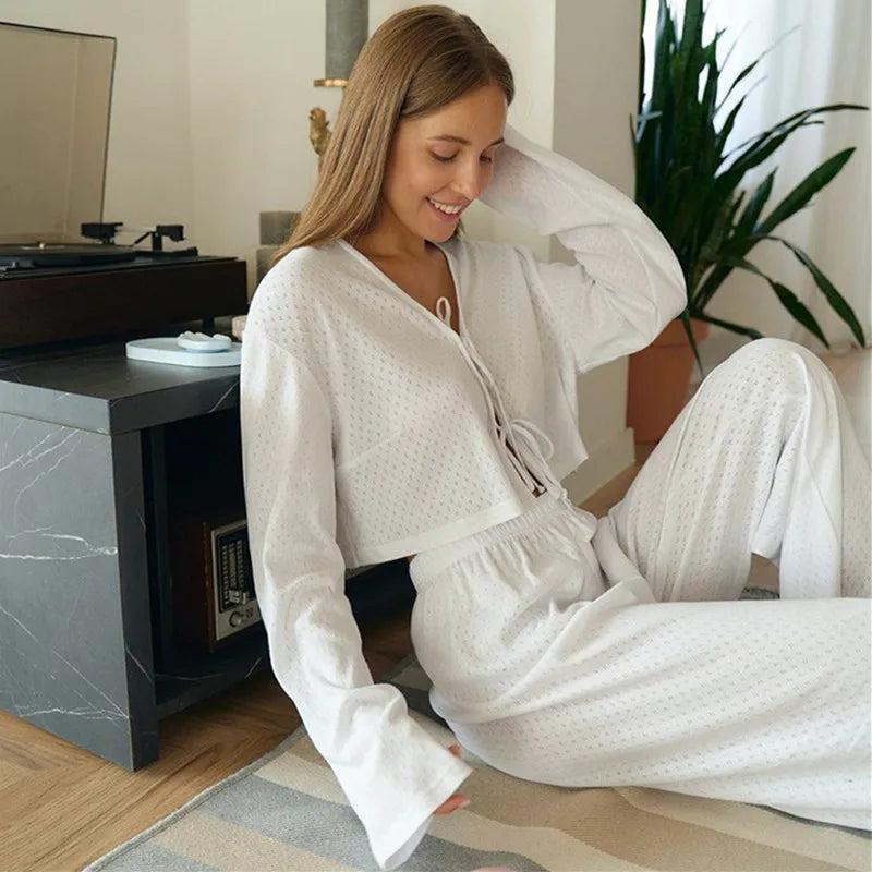 Spring Summer Knitted Long Sleeve Sleepwear Long Pants Two Piece Set Comfortable Nightwear Home Clothes For Women Pajamas