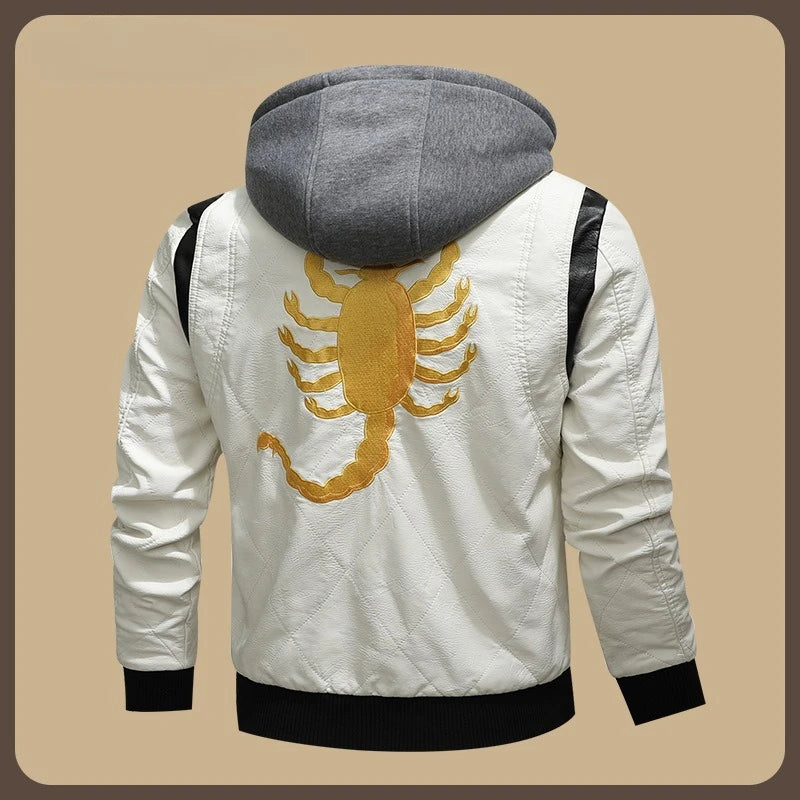 European and American-style Men's White Faux Leather Jacket; Black Hooded PU Motorcycle Coat with A Detachable Hood.