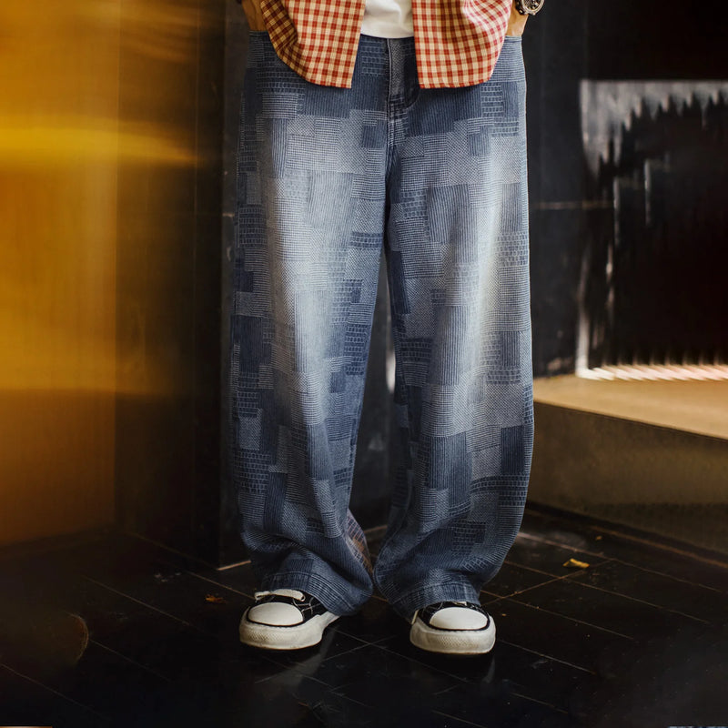 ខោខូវប៊យ Maden របស់បុរស Vintage Boro Jacquard Washed Denim Pants Baggy Harajuku Wide Leg Loose Patchwork Long Pants Casual Men Spring