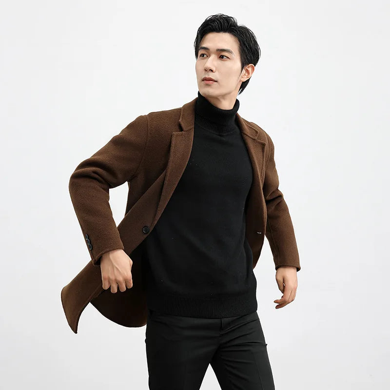2026 New Winter Men's Camel Wool Coat, High-Quality Black Single-Button Long-Sleeve Jacket, Business/Office/Dinner Wear.