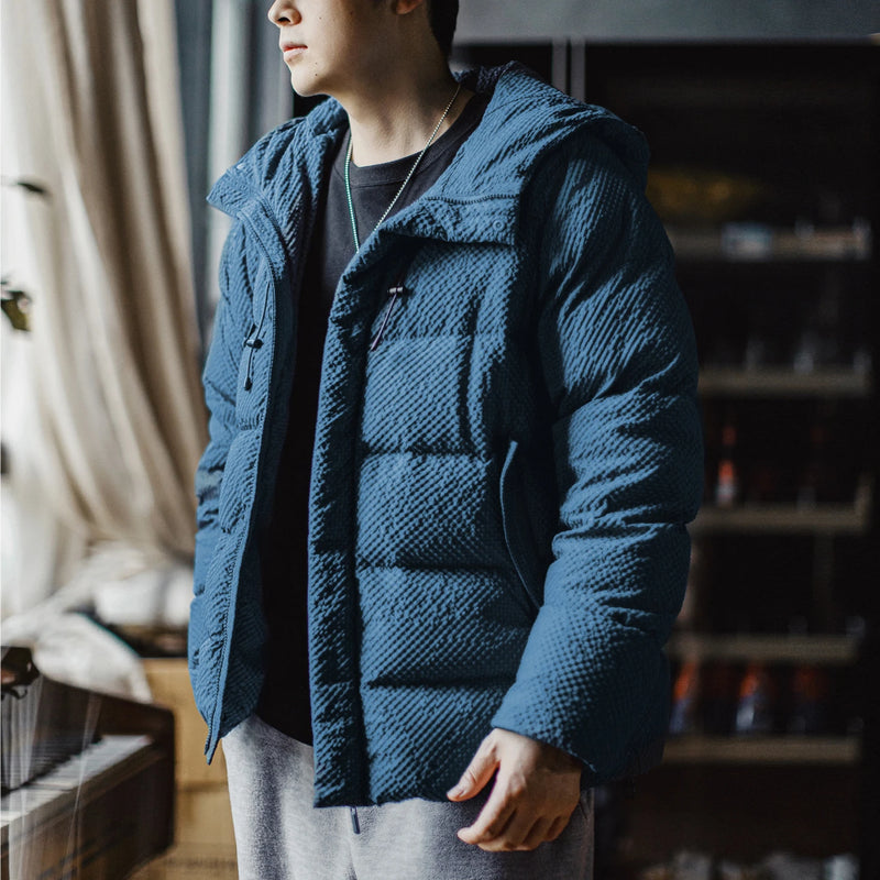 Maden Casual Men's Down Jacket 90% White Duck Down Filling Hooded Coat Warm Zip-Up Seersucker Textured Outwear for Fall Winter