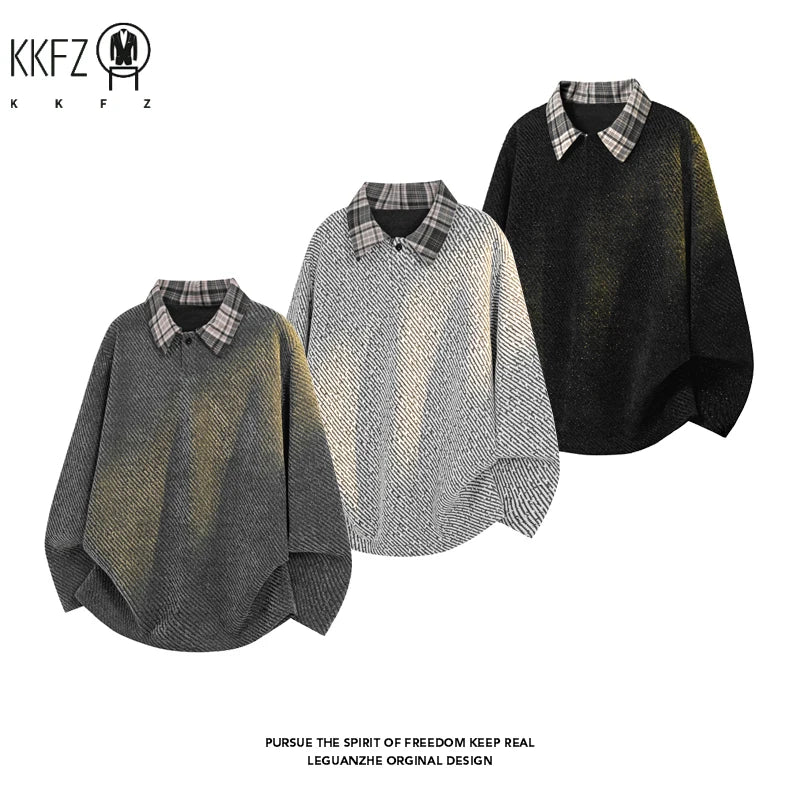 Mens V Neck Corduroy Pullover With Plaid Lapel Collar Long Sleeve Diagonal Texture Loose Casual Autumn Top