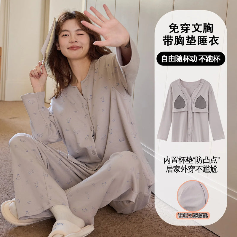 Korean Cotton Chest Pad Long Sleeve Top Trouser Sets Casual Home Suit For Women Spring Autumn Sleepwear Women's Pajamas
