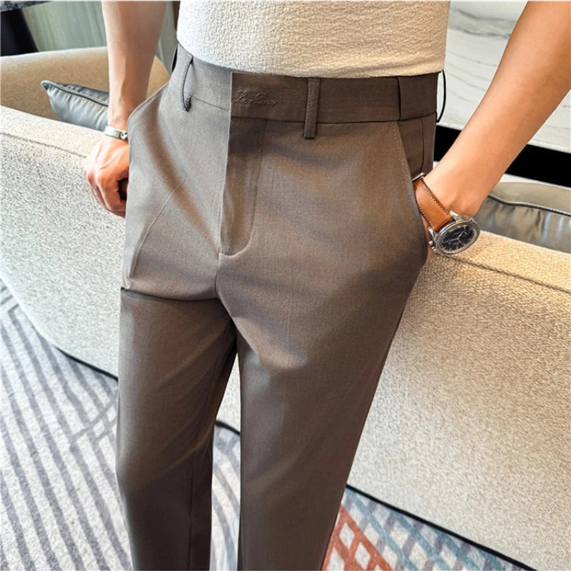 Men Summer Business Casual Trousers Lightweight Stretch Suit Pants Elastic Waist Flat Front Cropped Length Office Wear