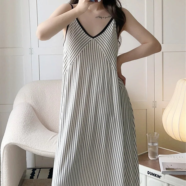 រ៉ូបគេងកប្បាសឆ្នូតៗទំហំ M-3XL ម៉ូដសិចស៊ីសម្រាប់ស្ត្រី រ៉ូបគេងកប្បាសទំហំធំ រ៉ូបគេងវែងសម្រាប់ស្ត្រី សម្លៀកបំពាក់នៅផ្ទះ