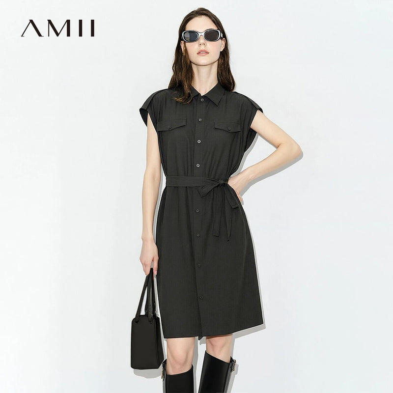 Amii Women's Dress 2026 Summer New Lapel Collar Belted Dolman Sleeve Loose Fit Cotton Office Shift Mini Dress For Women 12642204