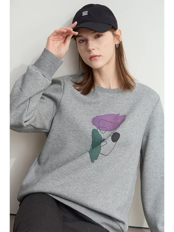 AMII Minimalism Casual Sweatshirt For Women 2026 Winter New Print Fleece Loose Elastic O-Neck Thick Long Sleeve Tops 12424053