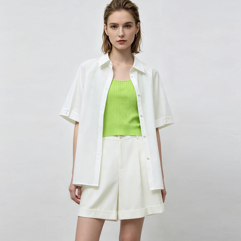 Amii White Women's Shirt 2026 Summer Lapel Collar Metal Button Dolman Sleeve Blouse Simple Loose Casual Top For Women 12642086