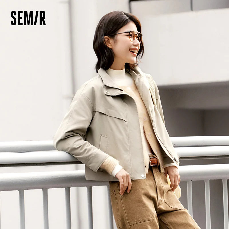 Semir Minimalist Jacket Women Spring Stand Collar Drawstring Windproof Waterproof Stain-Resistant Casual Commute Top