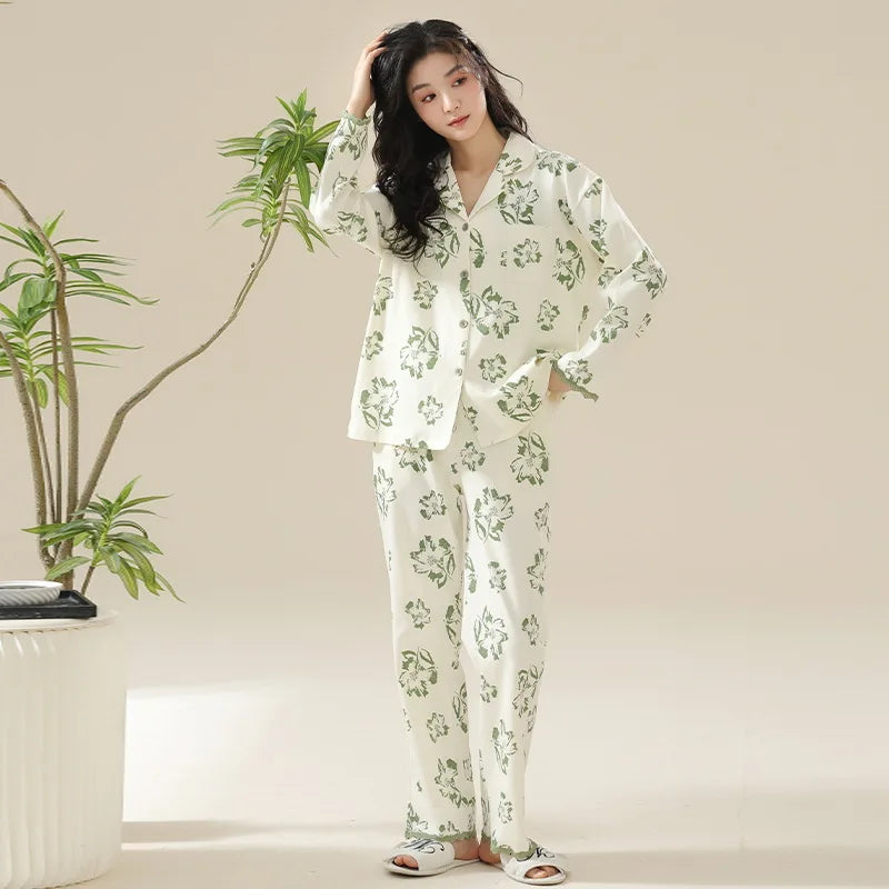 Fashion Printed Women's Pajamas 100% Cotton Long Sleeve Tops Pant Suit Lounge Spring Autumn Home Clothes Big Size Sleepwear