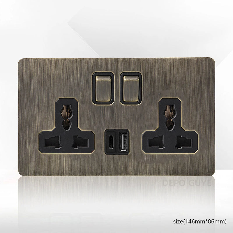 Retro Metal Brushed Antique Stainless Steel Push Button Switch Panel UK 13A Socket with USB Phone Charging for Home Improvement