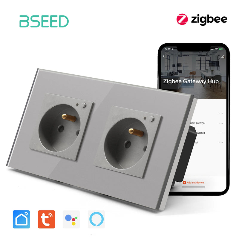 BSEED ZigBee Smart FR Socket Double Powe Sockets Triple Wall French Oulets Work With Tuya Google Home Smart Life Alexa