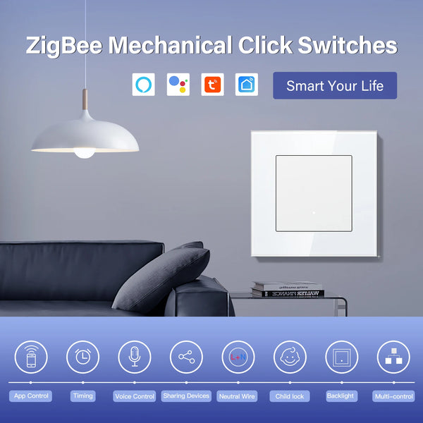BSEED 1/2/3/4Gang 2Way Zigbee Light Switch ប៊ូតុងចុចឆ្លាតវៃ បន្ទះកញ្ចក់ Tuya Smart Life Alexa Voice Control 3 ពណ៌