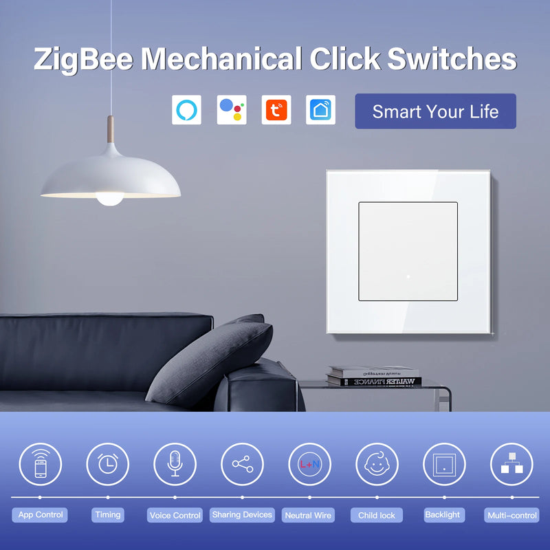 BSEED 1/2/3/4Gang Zigbee Smart Click Button Switch With EU Socket Glass Panel White LED Indicator Tuya Smart Life Alexa Control