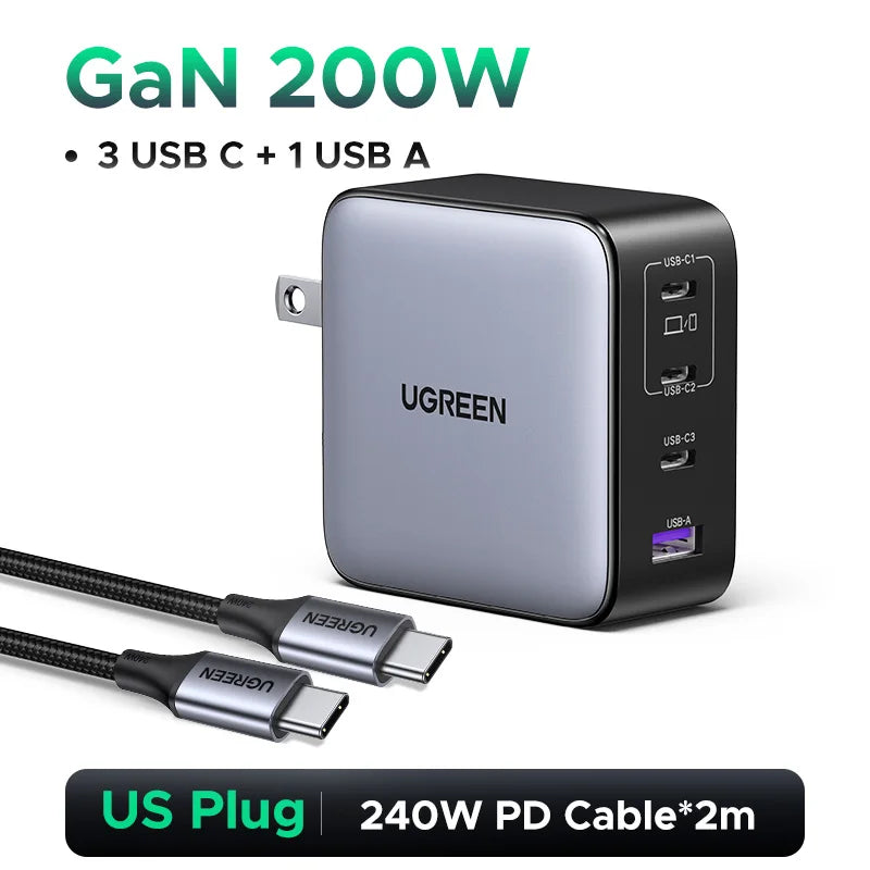 UGREEN 200W Travel GaN Charger PD 3.1 140W QC4.0 3.0 Quick Charge For Macbook Pro Laptops iPhone 18 17 Samsung S26 Xiaomi Tablet