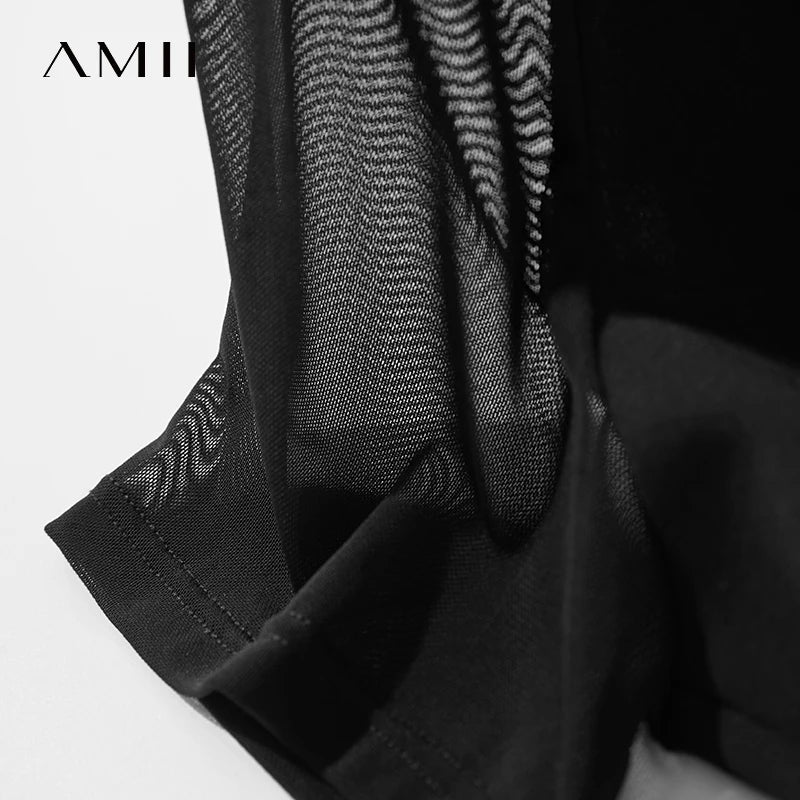 AMII Casual Slim Dress 2026 Summer Office Lady Elegant O Neck See Through Shoulder Sleeve Stretch Knitted Black Dresses 12542079