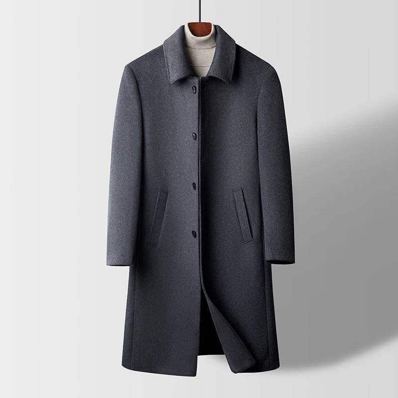 Men's Long Wool Overcoat, 52.3% Wool Light Luxury, Slim Fit, Coffee Brown Gray Black Business Fashion