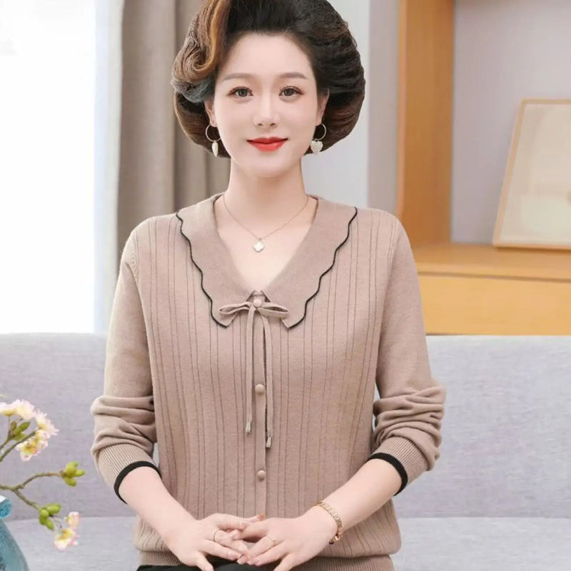 Pulls Femmes New Lapel Long Sleeve Shirt Spring Autumn Woolen Sweater Women Elegant Mother Knitwear Tops Pullover Jumper