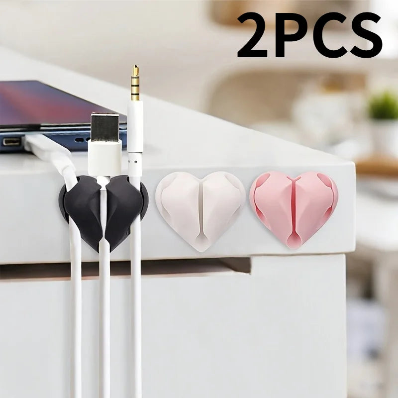2PCS Self-Adhesive Heart-Shaped Cable Organizer,Phone Charging Line Holder,for Desks, Nightstands,Offices.3-hole design