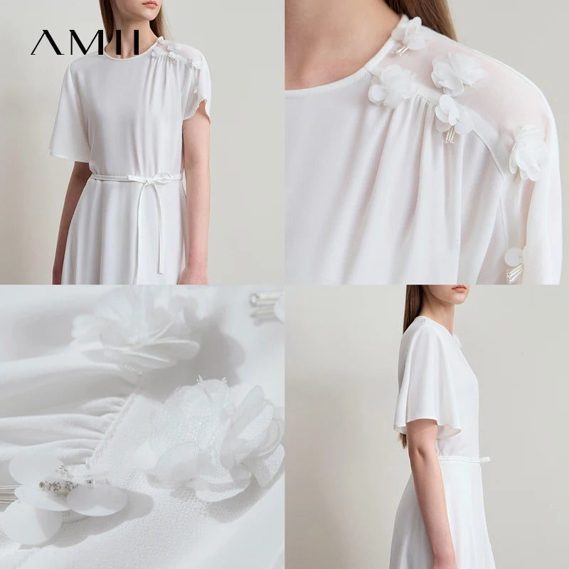 Amii Minimalist Casual Dress 2026 Summer New Women Office Lady Short Sleeve Belt Cubic Flower Loose Chiffon Midi Dress 12512030