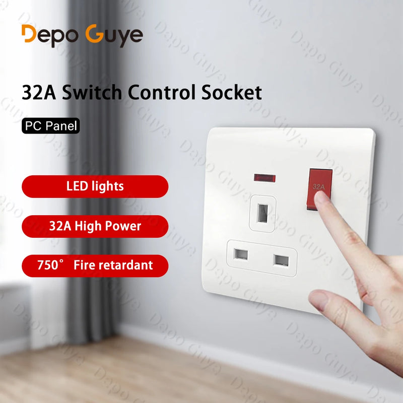86 Type UK Standard 32A Kitchen Water Heater Electric Switch Socket Home Appliance Air conditioning Socket With Switch Control