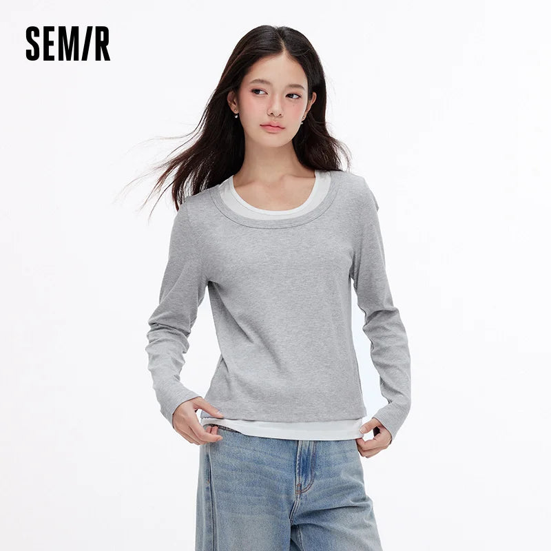 Semir Women Tshirt Slim Long Sleeve Patchwork Faux Two Piece Layering Base Top Autumn Casual Style Daily Wear 2026
