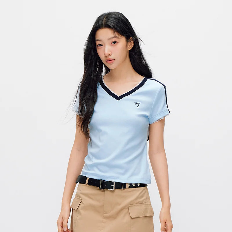 Semir Women Tshirt Cool Feeling Cropped Lace V Neck Slim Contrast Short Sleeve Summer 2026 Casual Fashion Style Top