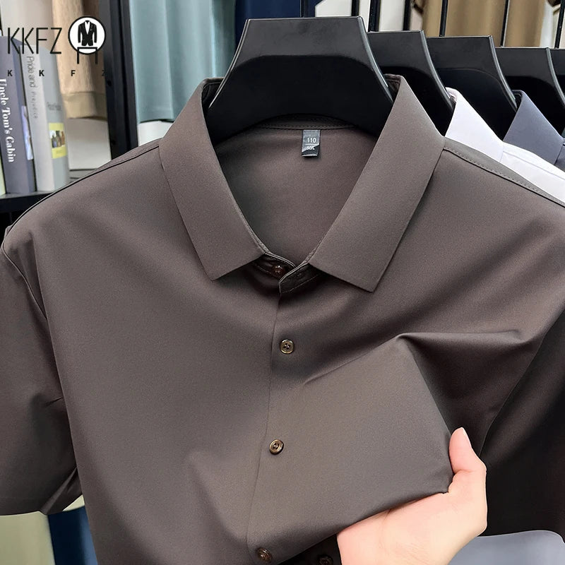 Men Summer Casual Short Sleeve Button Up Shirt Ice Silk Breathable Wrinkle Free Business Formal Shirt