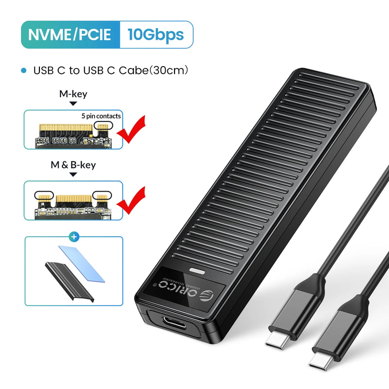 ORICO M.2 NVMe SSD Enclosure 10Gbps USB3.2 Gen2 M2 SSD Enclosure Case Box Simple Design for NVMe SATA Tool-free Support UASP