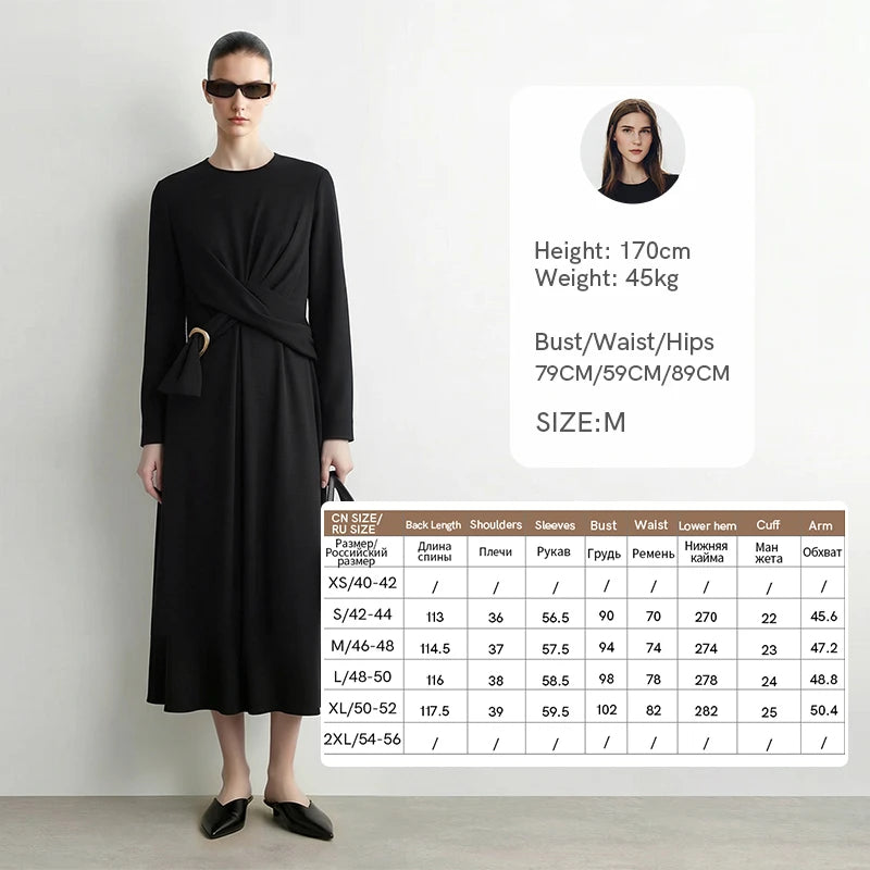Amii Women's Casual Dresses 2026 Autumn New O-Neck Satin Long Sleeve Elegant D-ring Belt Slim A-Line Dresses For Woman 12643006
